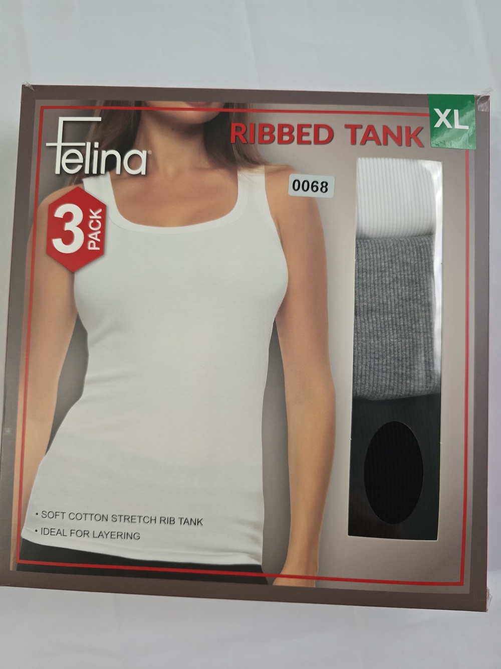 Felina 3 Pack Ribbed Tank/Camisole XL Stretch Solid White Gray Black Cotton NWT